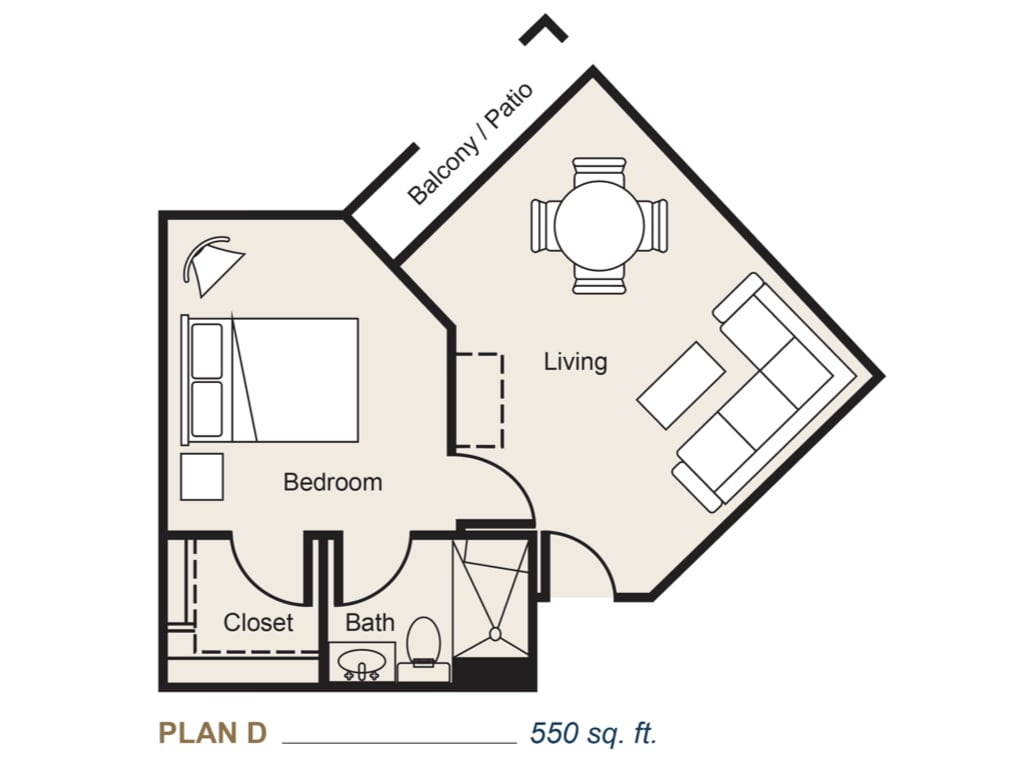 A floor plan of a 500 sq. ft. apartment with one bedroom, living area, bathroom, closet, and balcony/patio.
