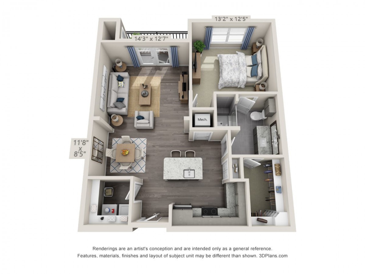 A 3D floor plan showing a one-bedroom apartment with an open living area, kitchen, and bathroom.