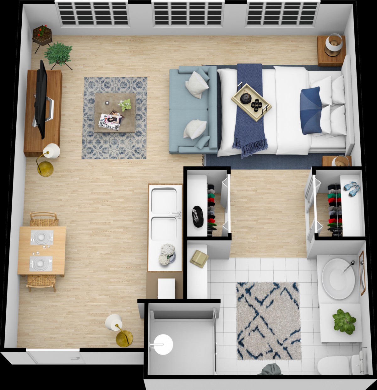 A modern one-bedroom apartment floor plan featuring a spacious living area, kitchen, and bathroom.