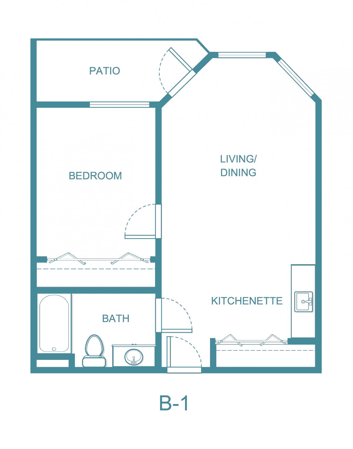 One-bedroom apartment floor plan with a patio, kitchen, living/dining area, and bathroom.