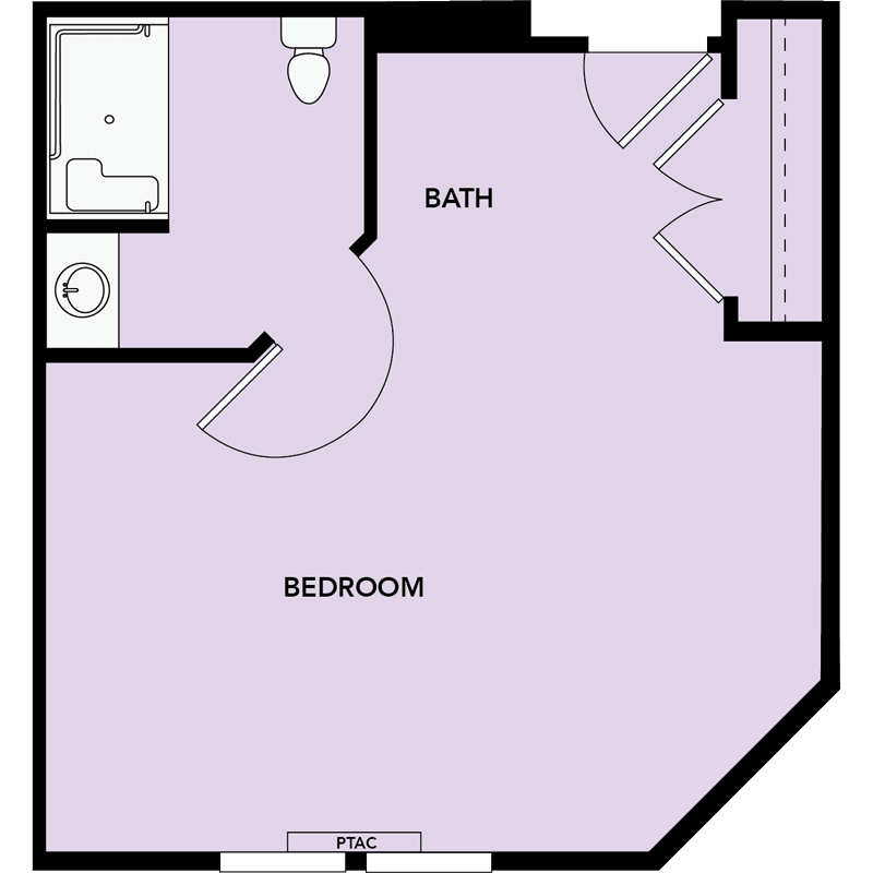 A simple floor plan showing a bedroom and bathroom layout.