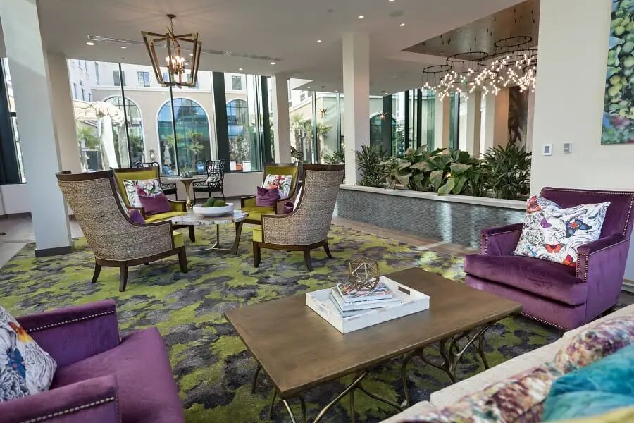 A modern lobby with comfortable seating and stylish decor.