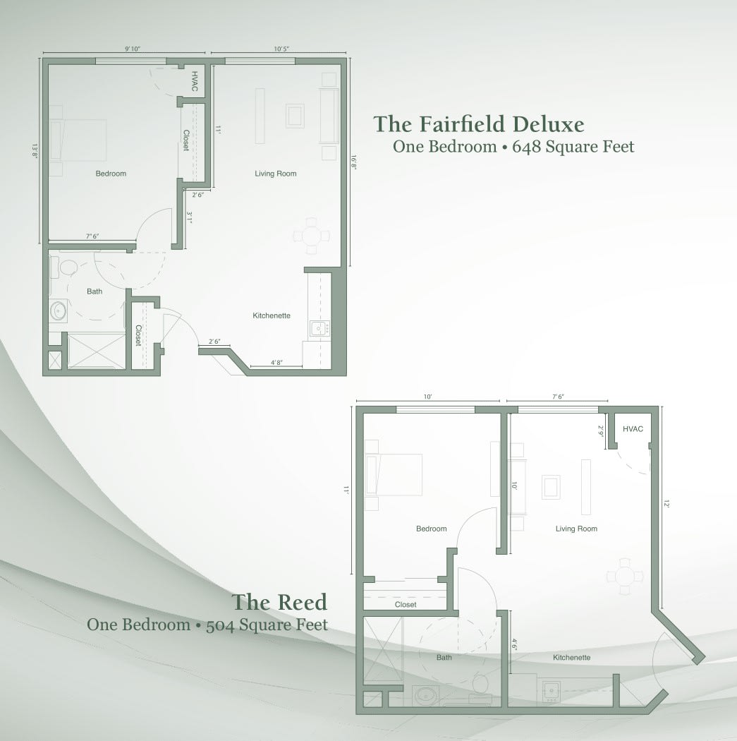 Floor plans showcasing The Fairfield Deluxe and The Reef apartment layouts.
