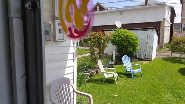 A sunny backyard with colorful chairs on a green lawn.