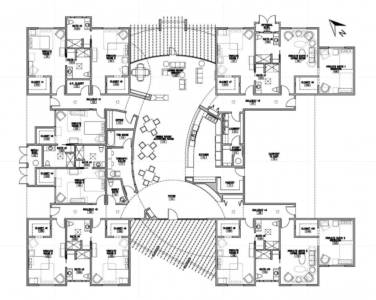 A detailed floor plan showing the layout of rooms and common areas in a building.