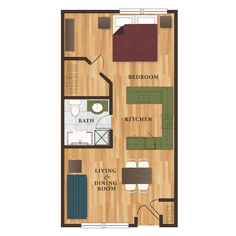 A detailed floor plan of a small apartment featuring a bedroom, kitchen, living room, and bathroom.