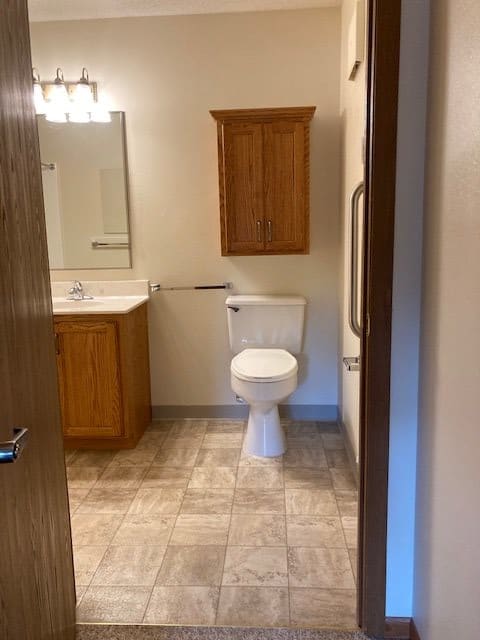 A clean bathroom with a toilet and wooden cabinets.