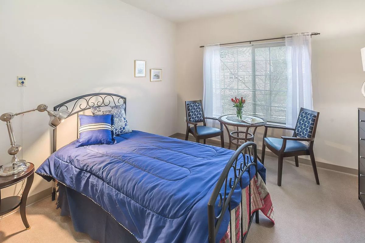A cozy bedroom with a single bed covered in blue bedding, two chairs, a small table with flowers, and a large window letting in natural light.