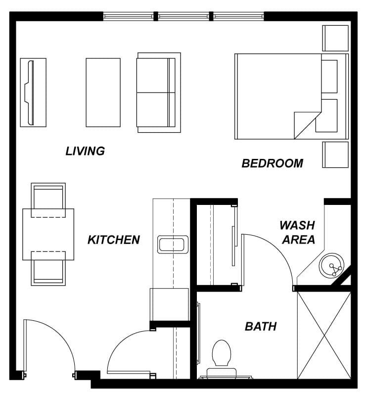 A floor plan of a one-bedroom apartment featuring a living area, kitchen, bathroom, and wash area.