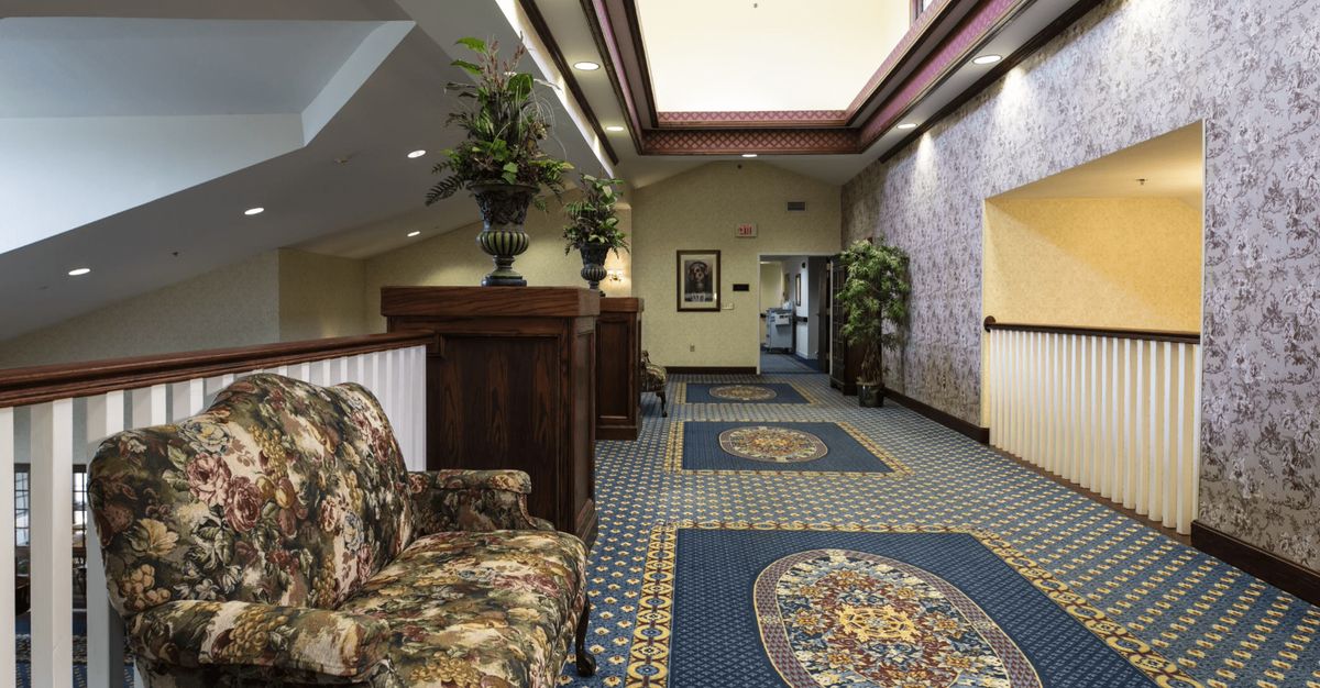 A well-decorated hallway with patterned carpet, floral upholstery, and potted plants.