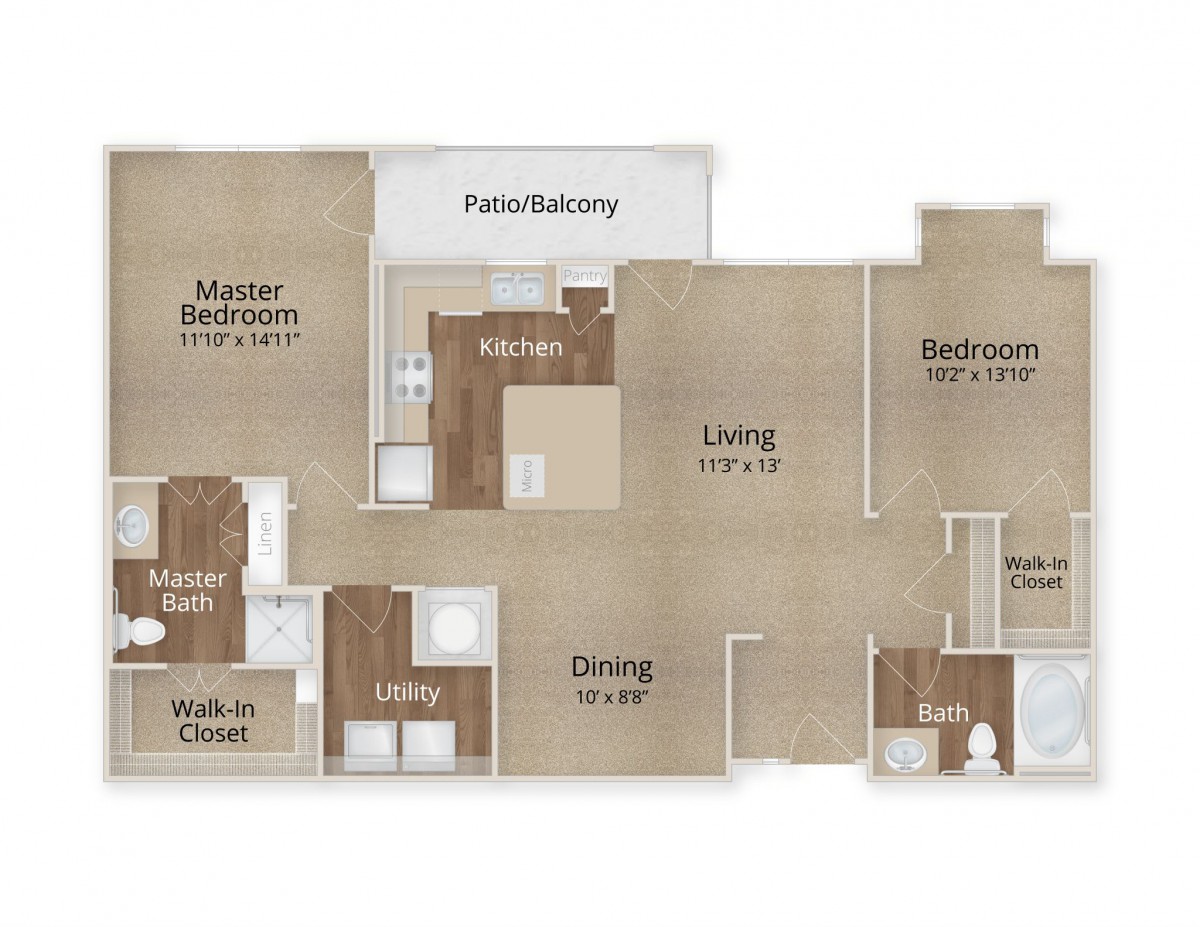 A floor plan of a two-bedroom apartment featuring a master bedroom with an en-suite bathroom and walk-in closet, a second bedroom, a living room, dining area, kitchen, and a patio balcony.