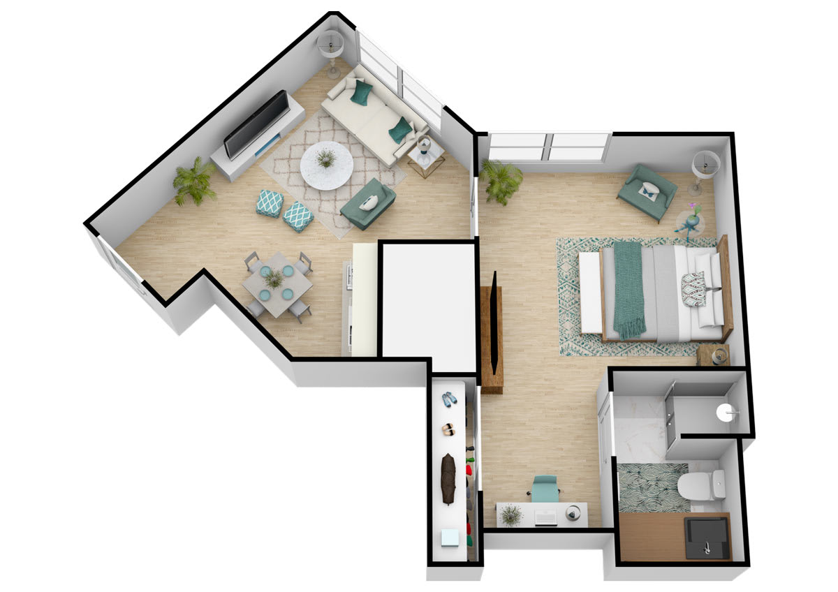 A detailed floor plan of a modern apartment featuring a living room, bedroom, kitchen, and bathroom.