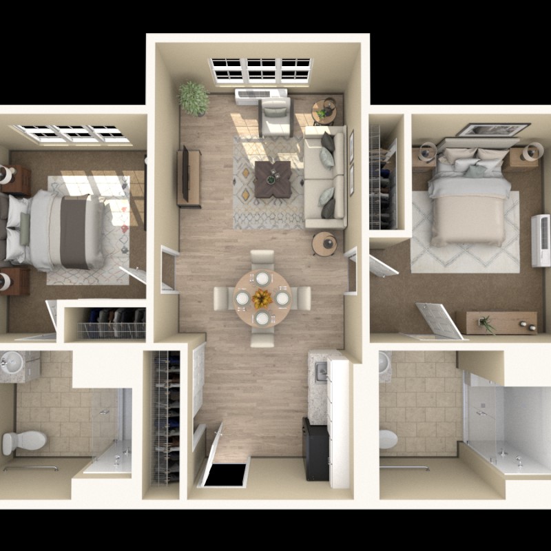 A 3D rendering of a two-bedroom apartment floor plan with an open living area.