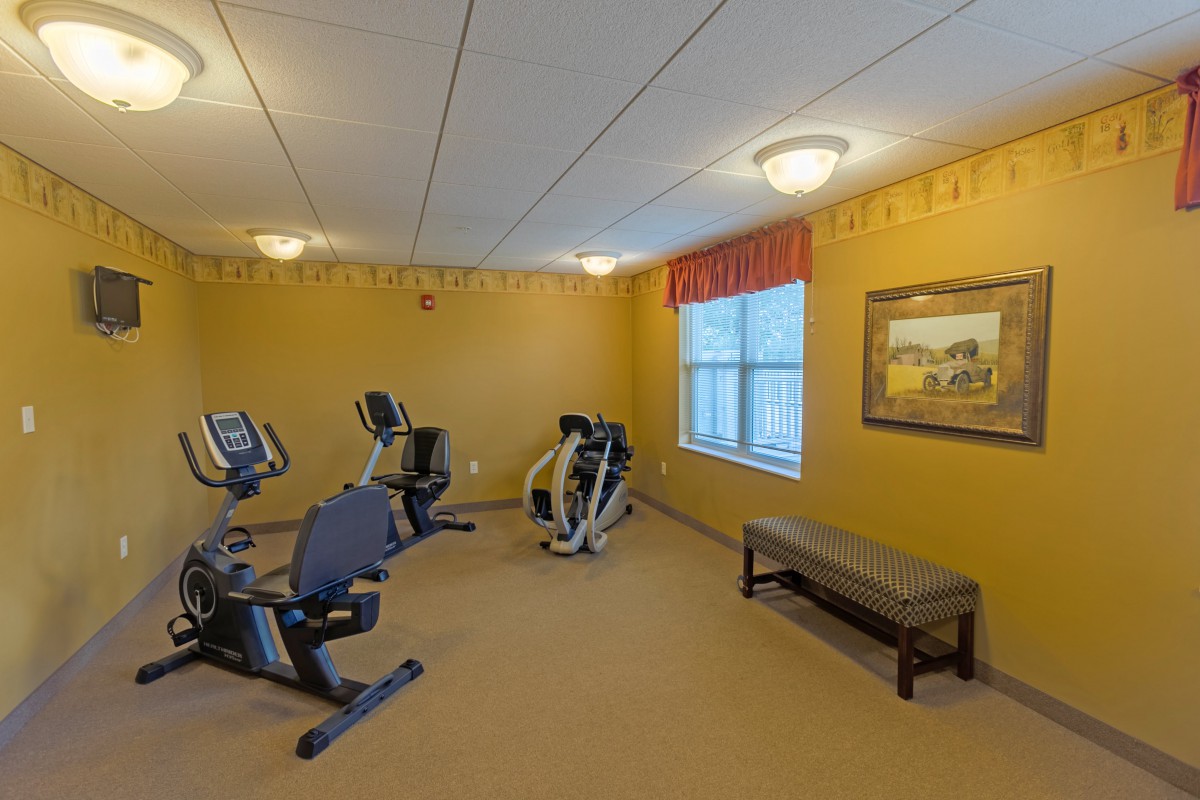 A cozy exercise room with stationary bikes and fitness equipment.