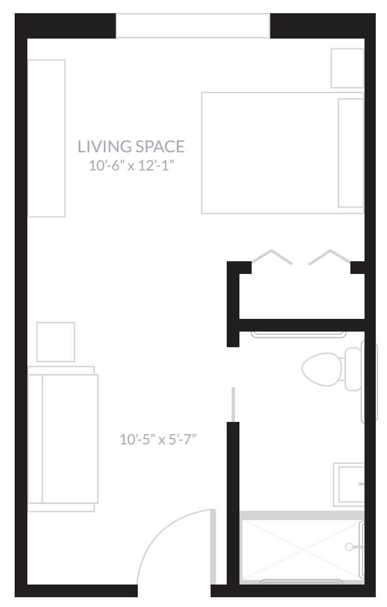 Studio apartment floor plan showcasing living space and bathroom layout.