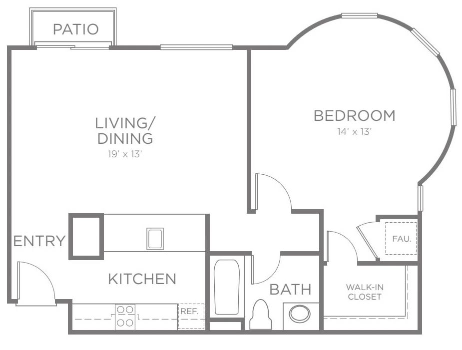One-bedroom apartment floor plan with living/dining area, kitchen, and patio.