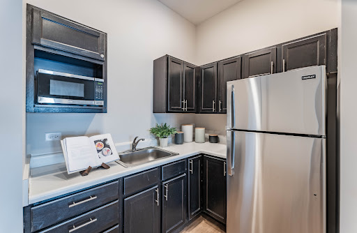 A stylish, modern kitchen featuring sleek black cabinetry and stainless steel appliances.