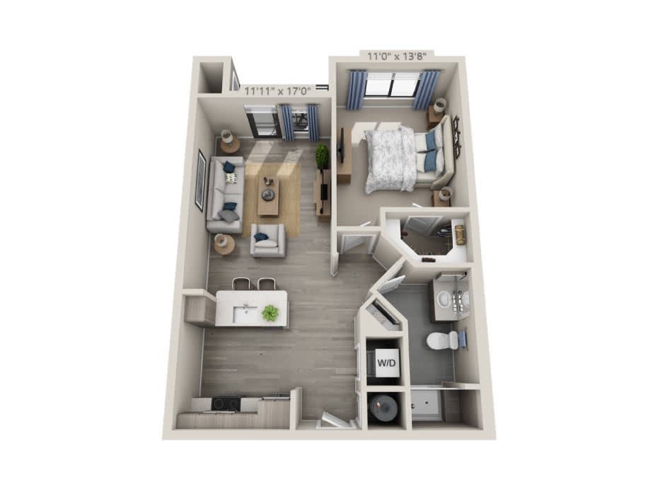 A 3D rendering of a one-bedroom apartment floor plan featuring a spacious living area, kitchen, bathroom, and bedroom.