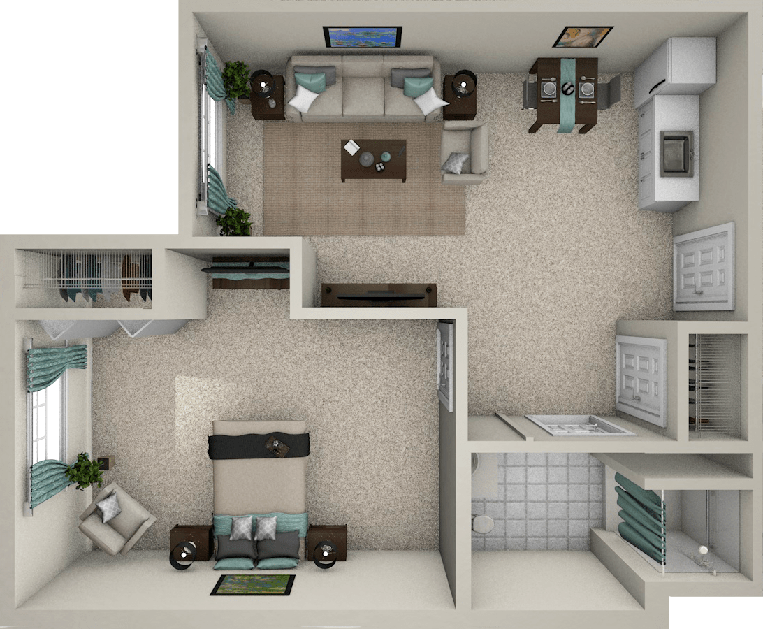 A 3D rendered floor plan of an apartment showcasing the living room, kitchen, and bedroom layout.