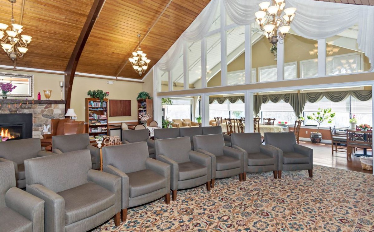 Spacious lounge area with comfortable seating and elegant decor.