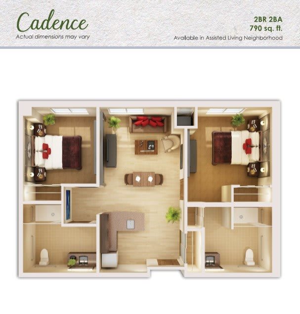 A detailed floor plan of a two-bedroom apartment called 'Cadence', featuring a central living area, kitchen, and two bathrooms.