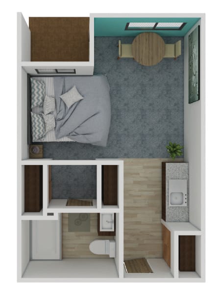 A 3D floor plan of a one-bedroom apartment featuring a bedroom, living area with dining table, kitchen, and bathroom.