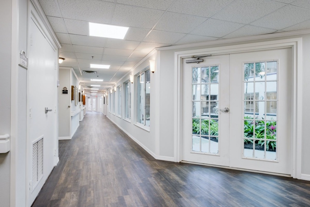 A modern hallway with wooden flooring and glass doors, allowing natural light to brighten the interior space.