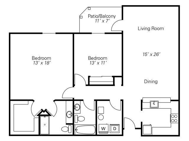 A floor plan of a two-bedroom apartment with a living room, dining area, and balcony.