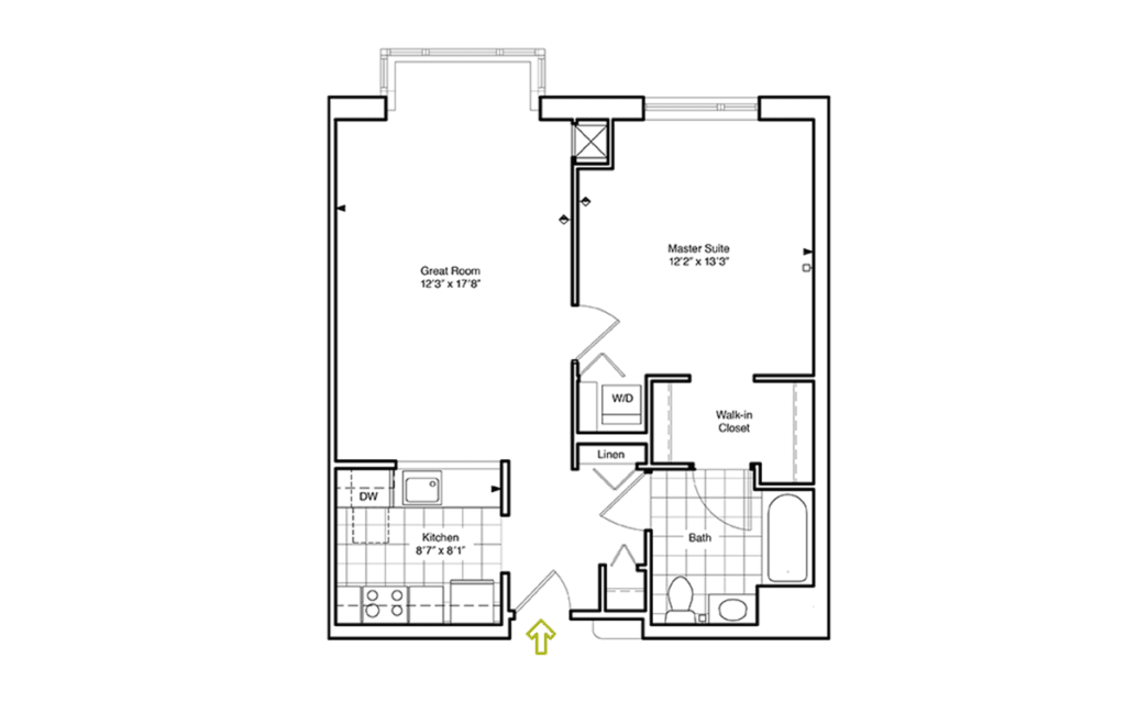 A floor plan of an apartment showing one bedroom, a bathroom, kitchen, and living area.