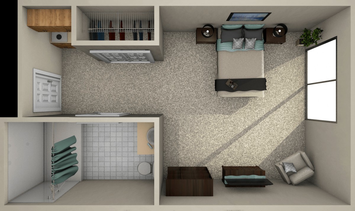 A 3D floor plan depicting a bedroom and bathroom layout.