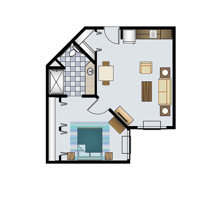 A floor plan of a one-bedroom apartment with a living area, kitchen, and bathroom.