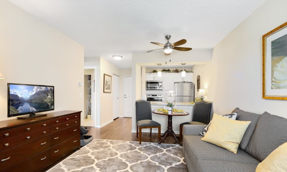 A cozy living space featuring an open floor plan with a modern kitchen, dining area, and stylish decor.