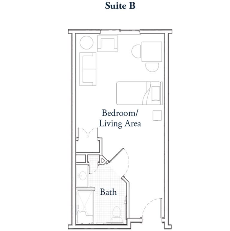 Floor plan of Suite B featuring a combined bedroom and living area with an adjacent bathroom.