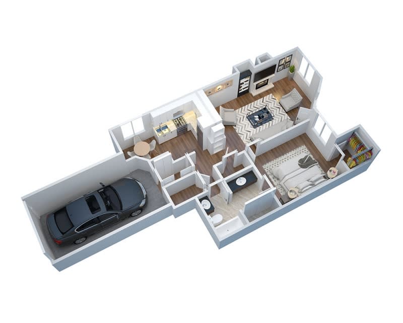 A 3D rendering of a single-story house floor plan featuring a garage, living area, kitchen, and bedrooms.