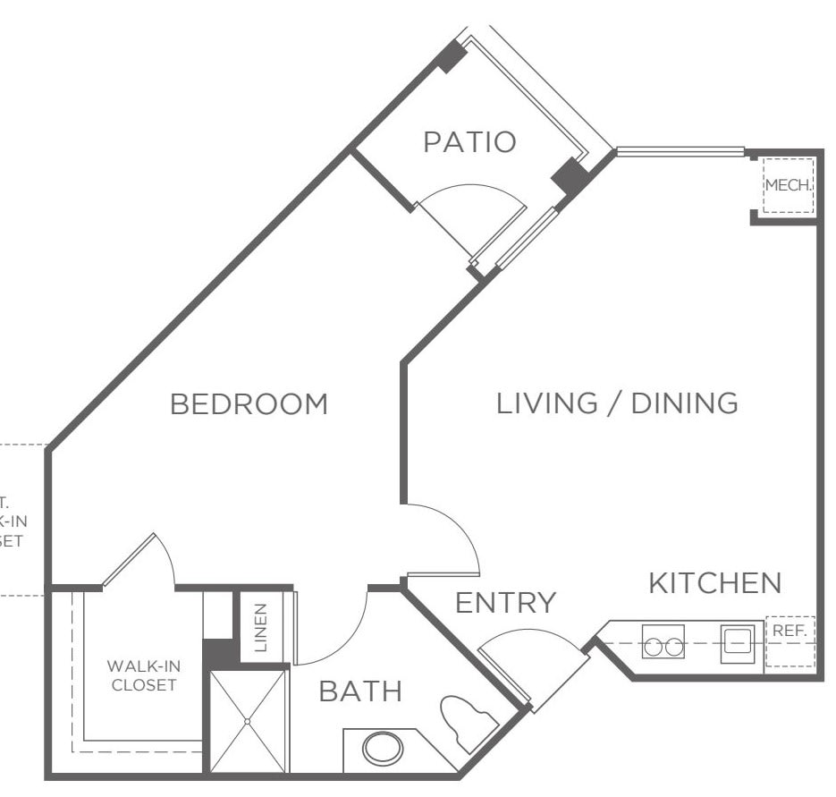 This is a floor plan of a one-bedroom apartment featuring a living/dining area, kitchen, bathroom, and a patio.
