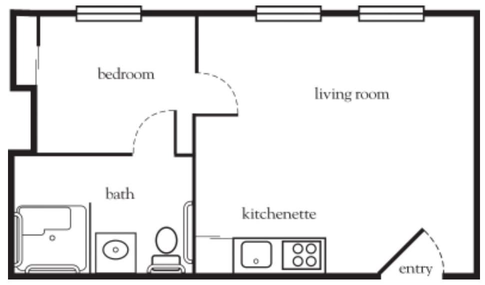 A floor plan of a one-bedroom apartment with a kitchenette, living room, and bathroom.