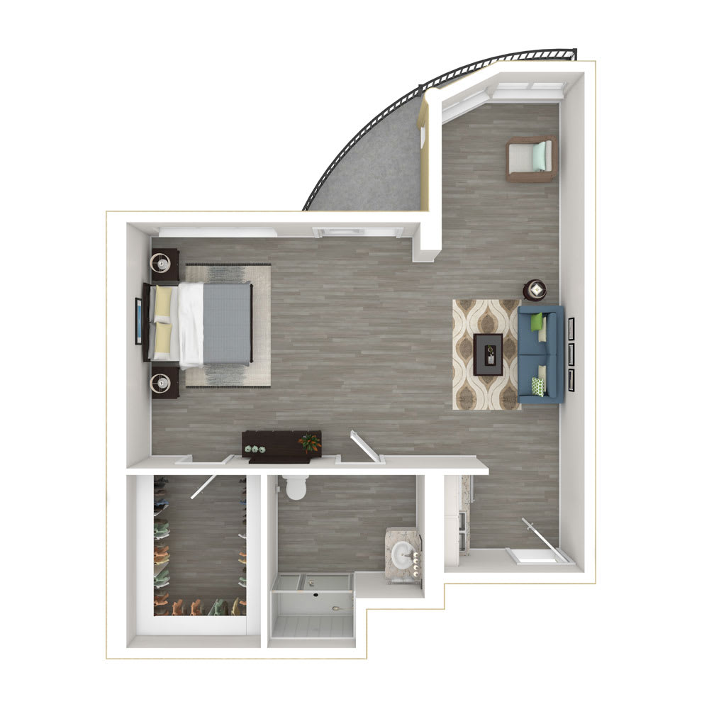 This image depicts a minimalist apartment floor plan with designated spaces for a bedroom and a living room.