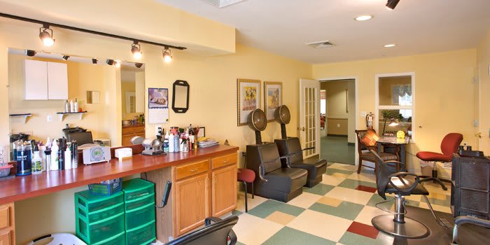 A cozy hair salon interior with styling stations, chairs, and wall-mounted dryers.