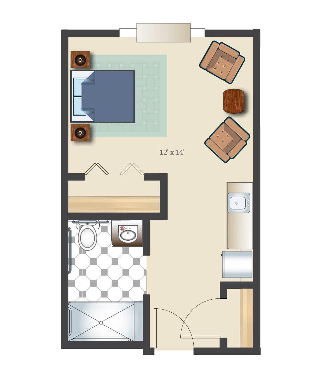 A simple floor plan of a small apartment featuring a bedroom, bathroom, and a compact living area.
