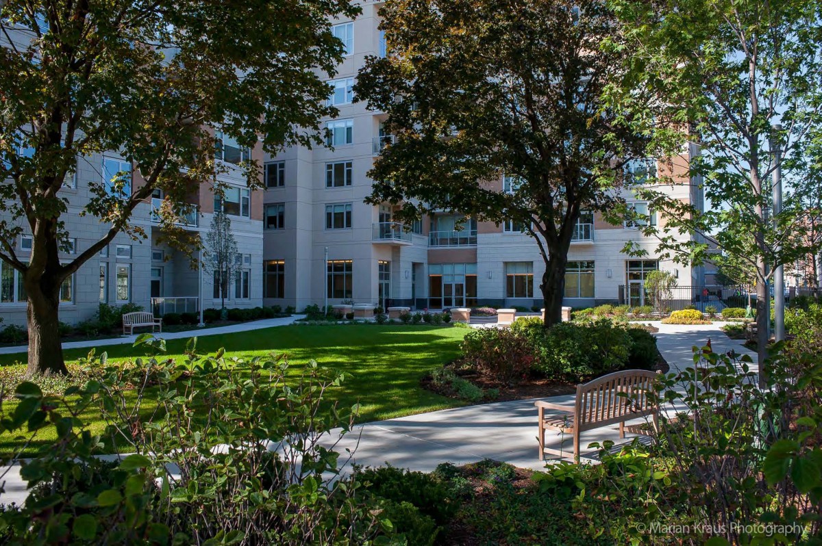 A peaceful urban garden with benches and trees in front of a building.