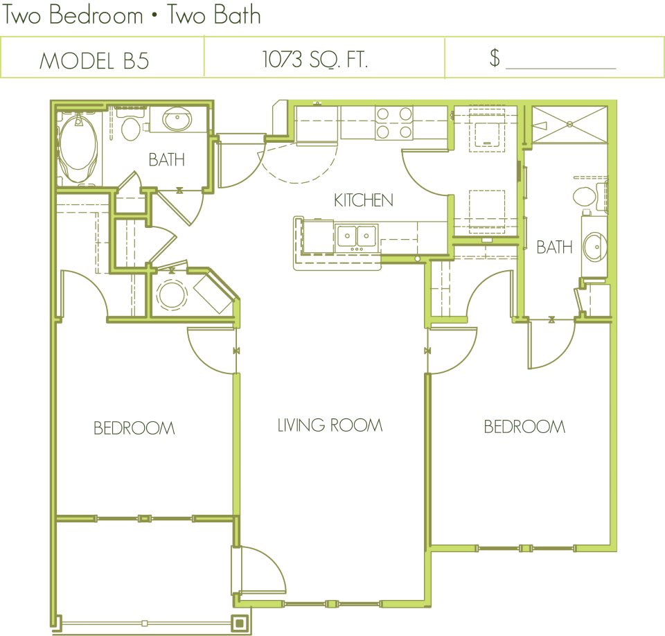 A floor plan of an apartment with two bedrooms and two bathrooms.