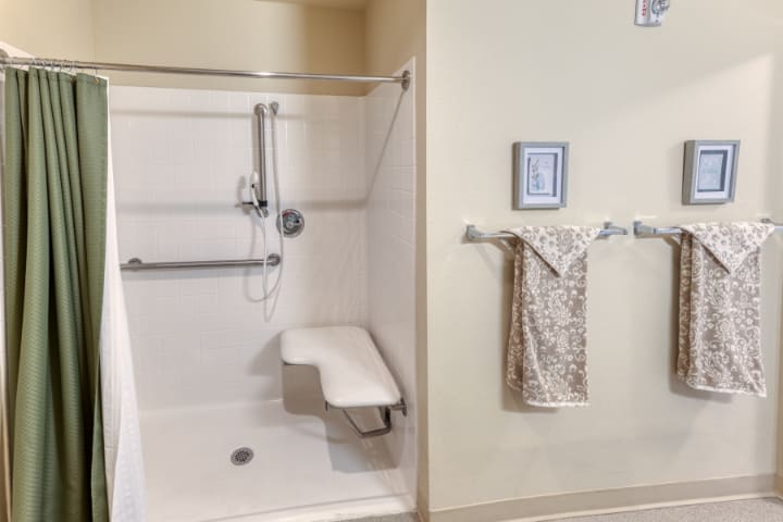 An accessible bathroom with a shower, equipped with grab bars and a foldable seat for safety.