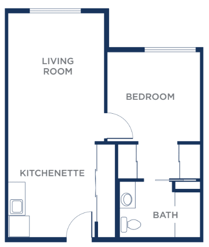 A simple floor plan featuring a living room, kitchenette, one bedroom, and a bathroom.