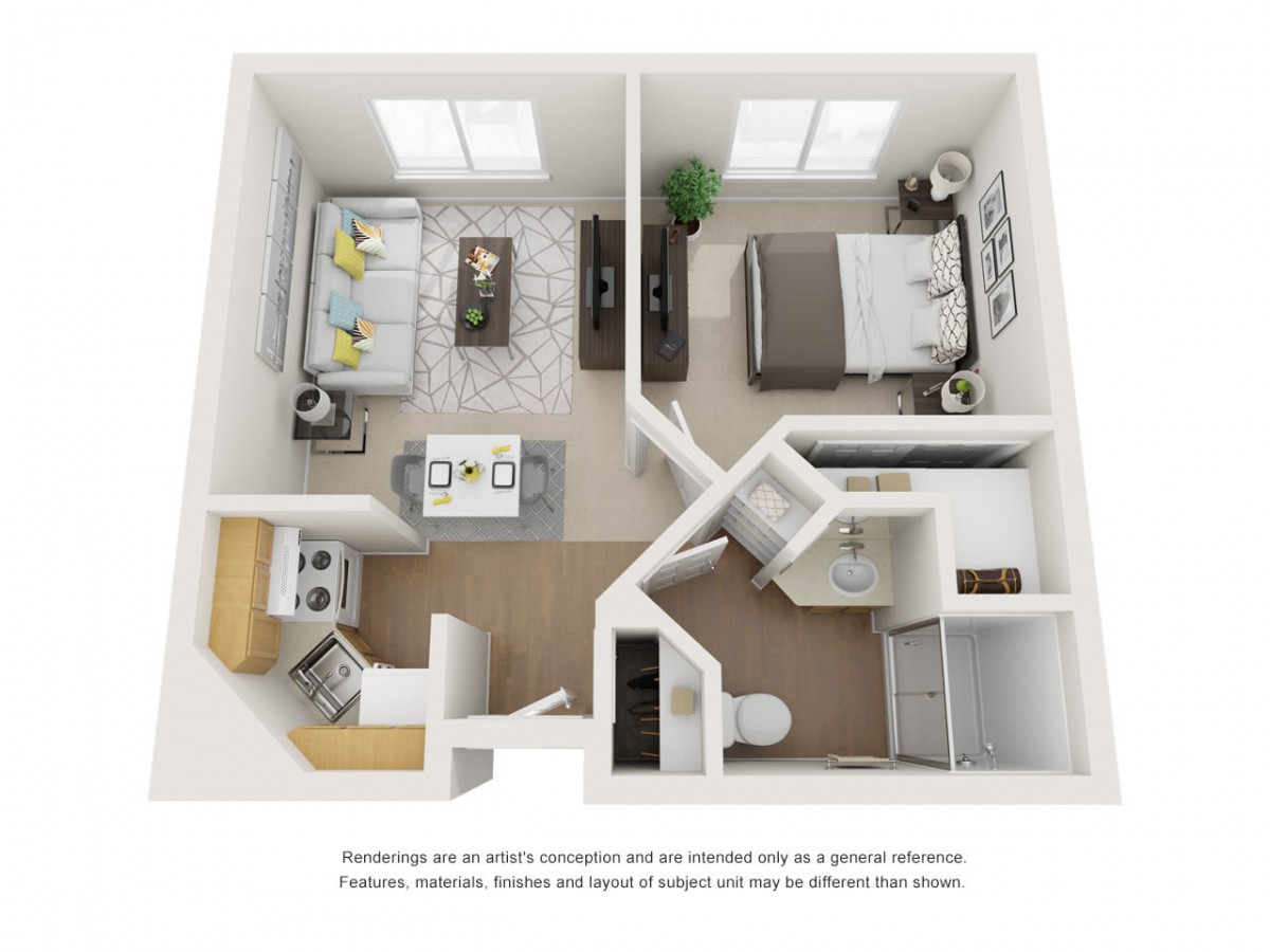 A 3D floor plan of a one-bedroom apartment featuring a living room, kitchen, and bathroom.