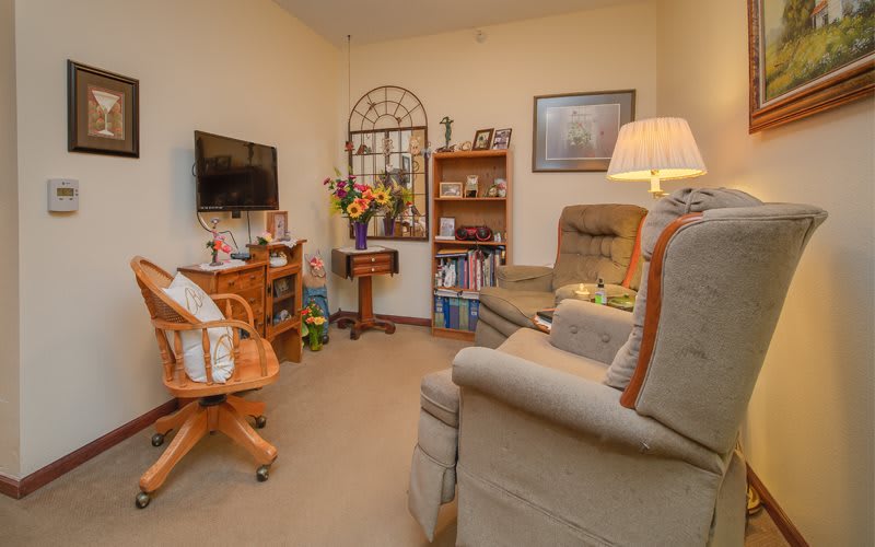 A cozy living room featuring armchairs, a TV, bookshelf, and ambient lighting.