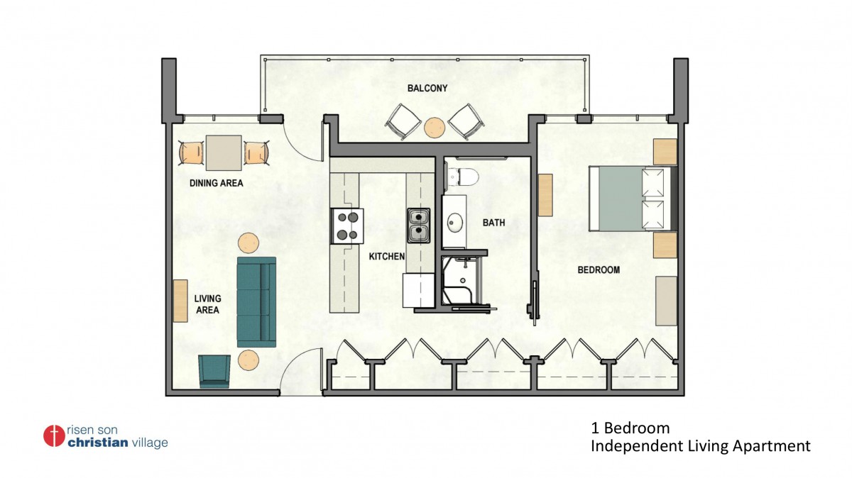 One-bedroom apartment floor plan featuring a kitchen, living and dining area, bathroom, and balcony.