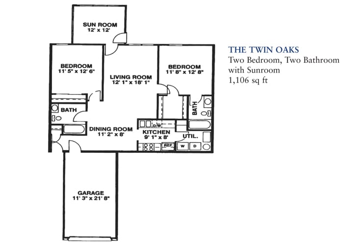 The Twin Oaks floor plan featuring two bedrooms, two baths, and a sunroom, measuring 1,186 sq ft.