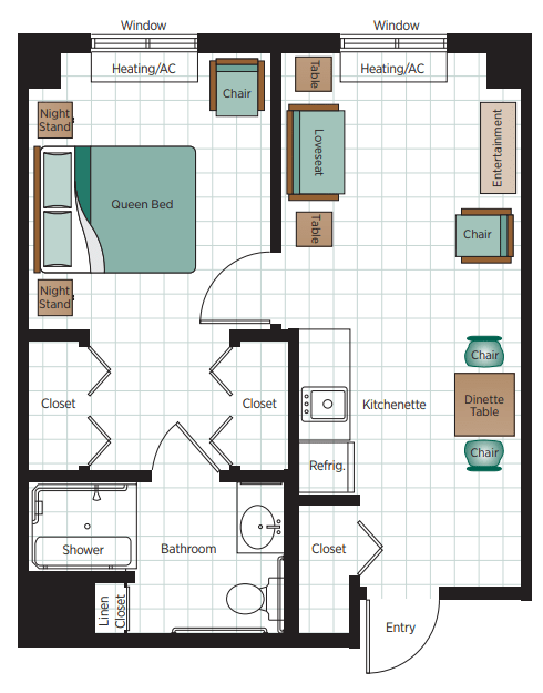 A detailed floor plan of a residential apartment featuring a bedroom, living room, kitchen, and bathroom.