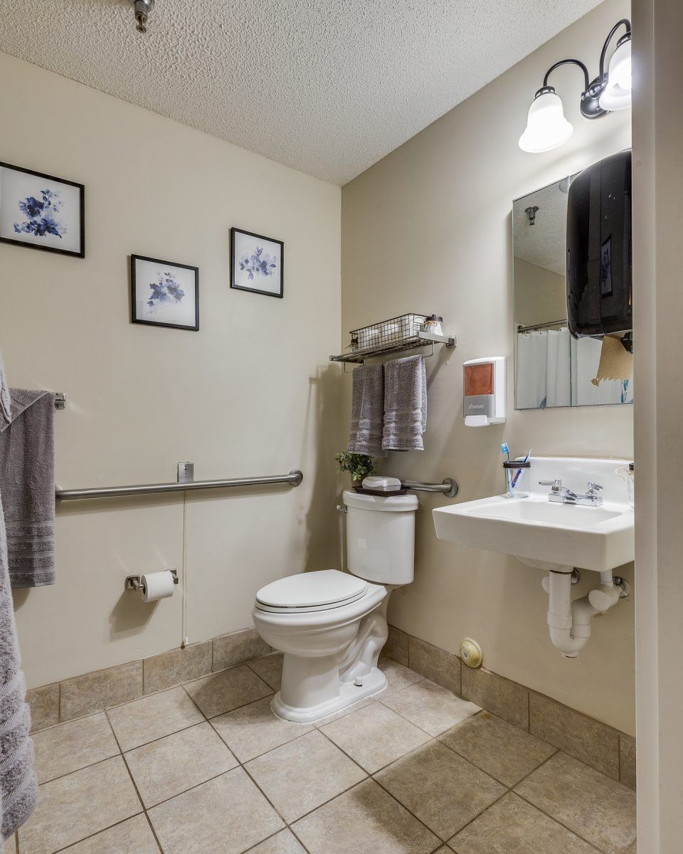 A clean and organized bathroom with a toilet, sink, and decorative elements.