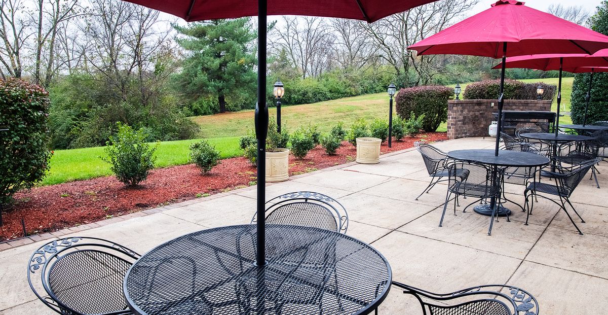 A peaceful outdoor patio with tables and umbrellas overlooking a garden.